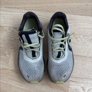 On Running Mens Gray and Black Sneakers with Light Green Laces